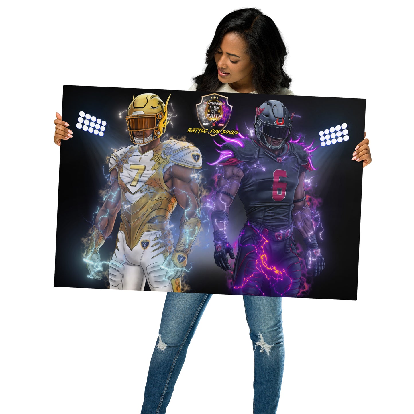 Playmaker Faith vs Dark Football Players Metal prints