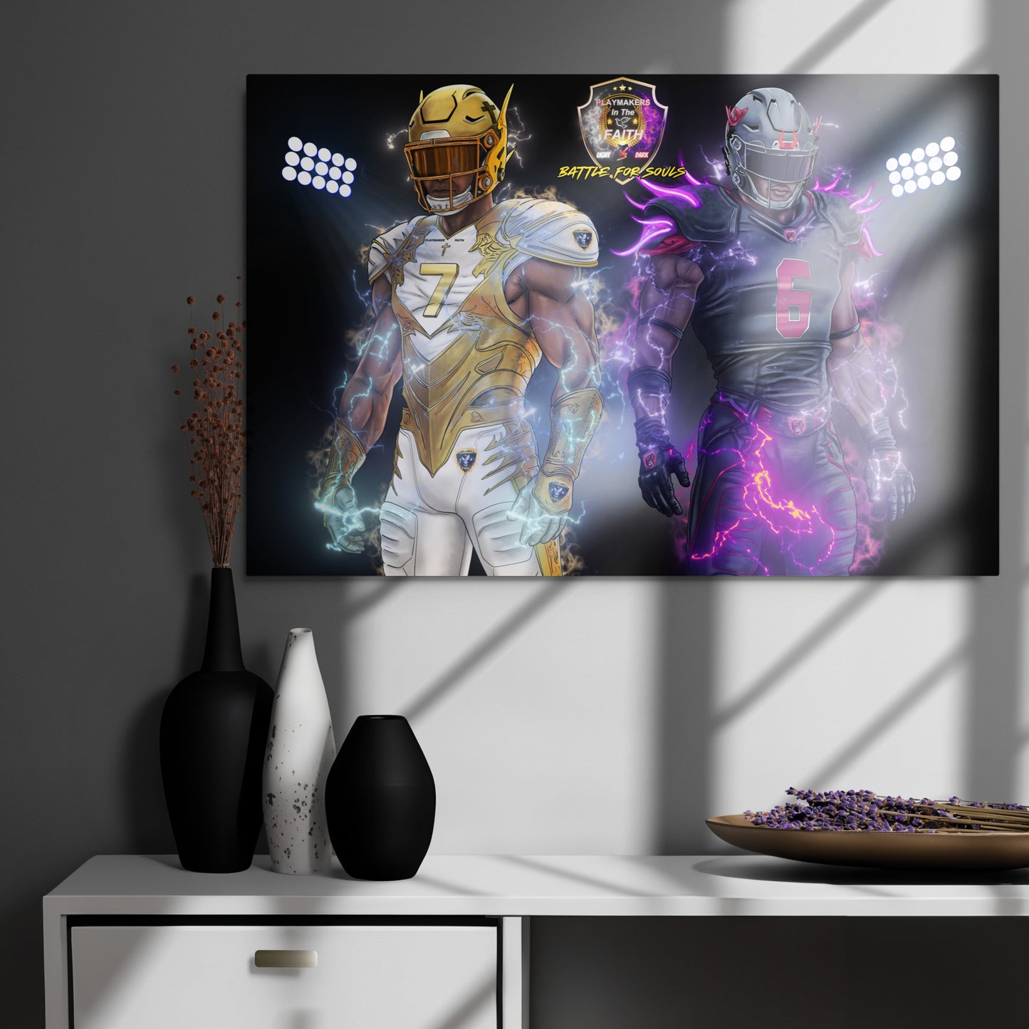 Playmaker Faith vs Dark Football Players Metal prints