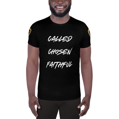 Called Chosen Faithful w Shoulder Logo All-Over Print Men's Athletic T-shirt