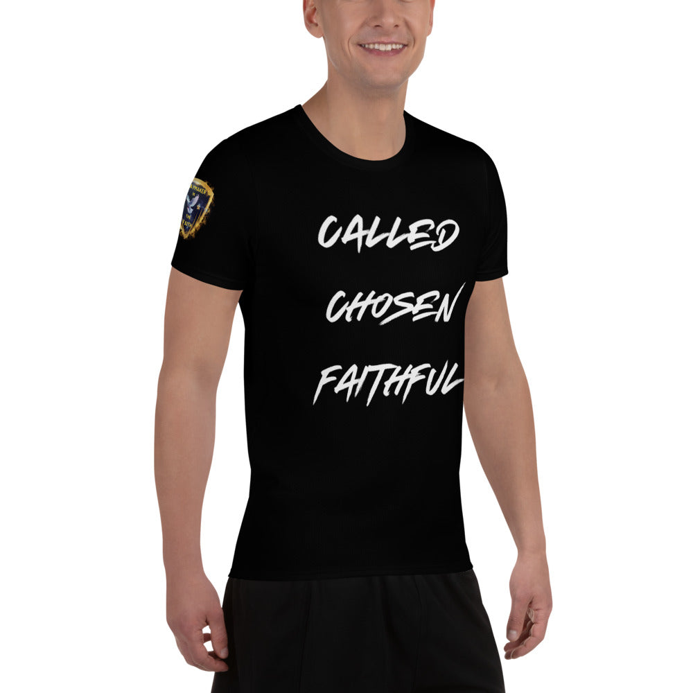 Called Chosen Faithful w Shoulder Logo All-Over Print Men's Athletic T-shirt