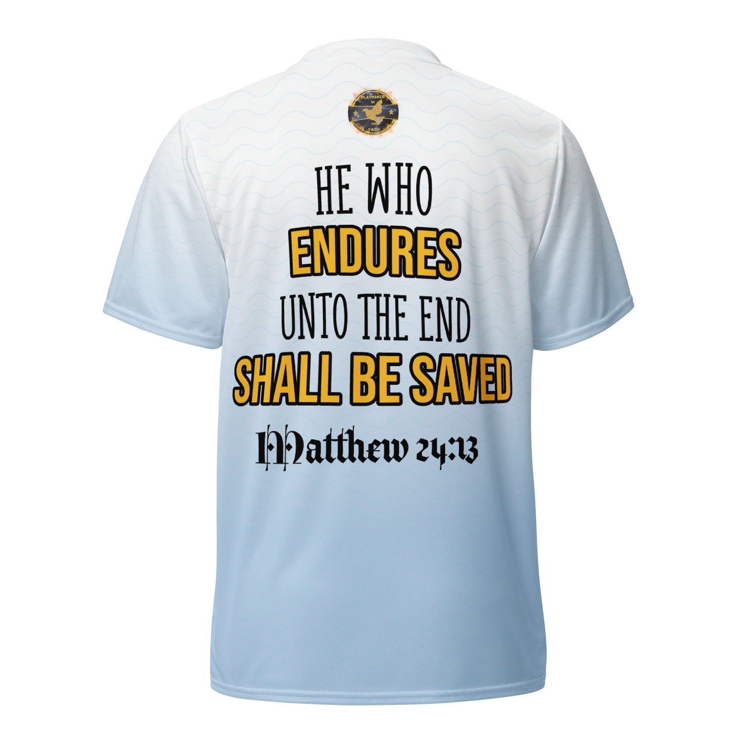 Light Blue Matt 24:13 Scripture Recycled unisex sports jersey