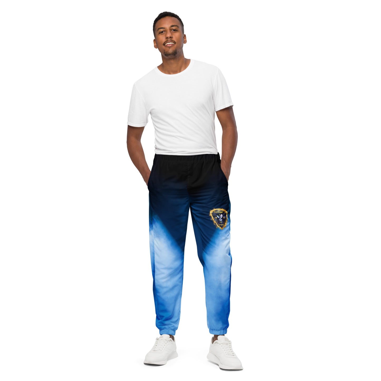 Blue & White Playmaker In The Faith Logo Unisex track pants